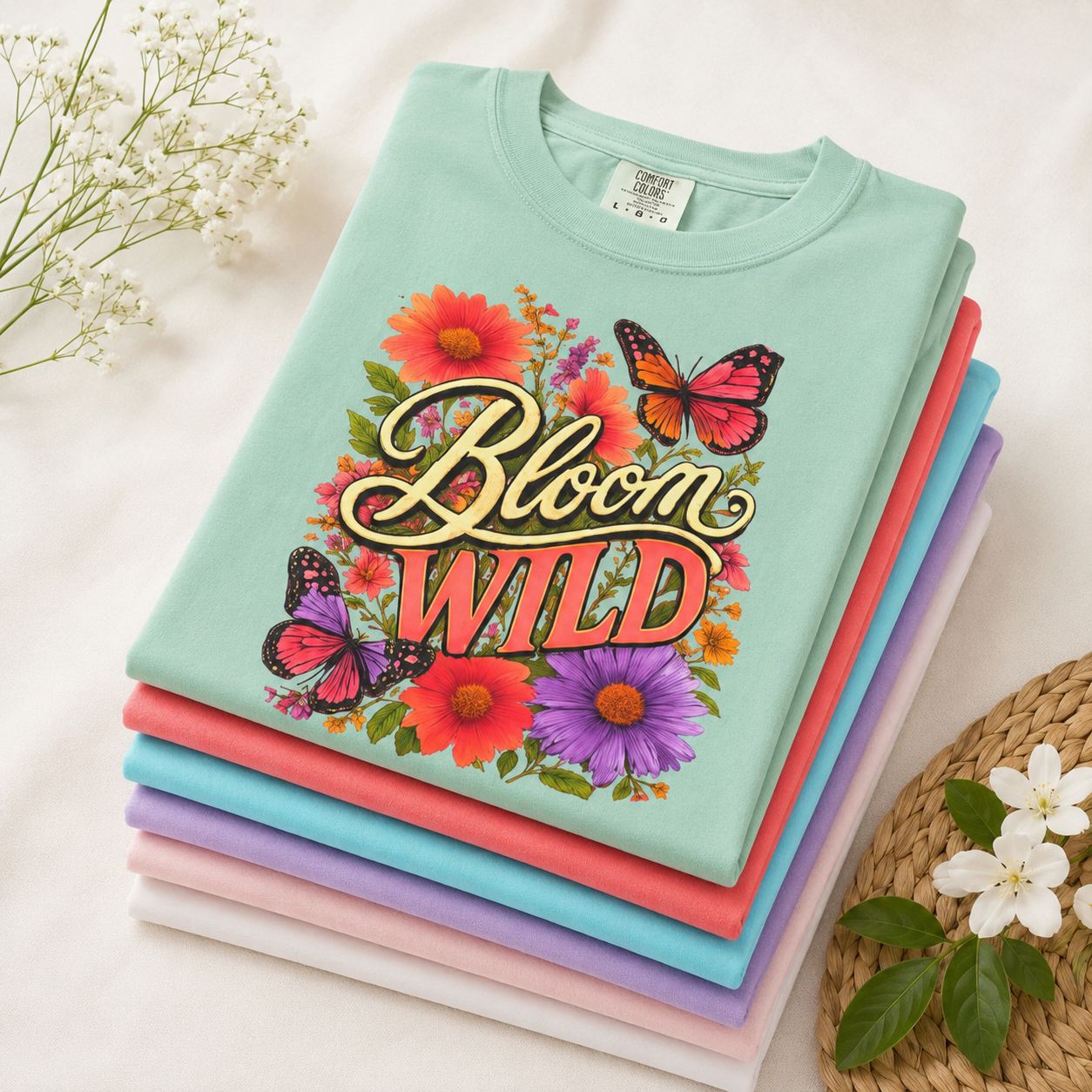 Bloom Wild vibrant butterfly wildflower tee front view