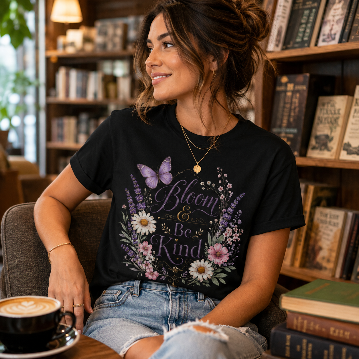 Bloom and Be Kind butterfly lavender tee front view