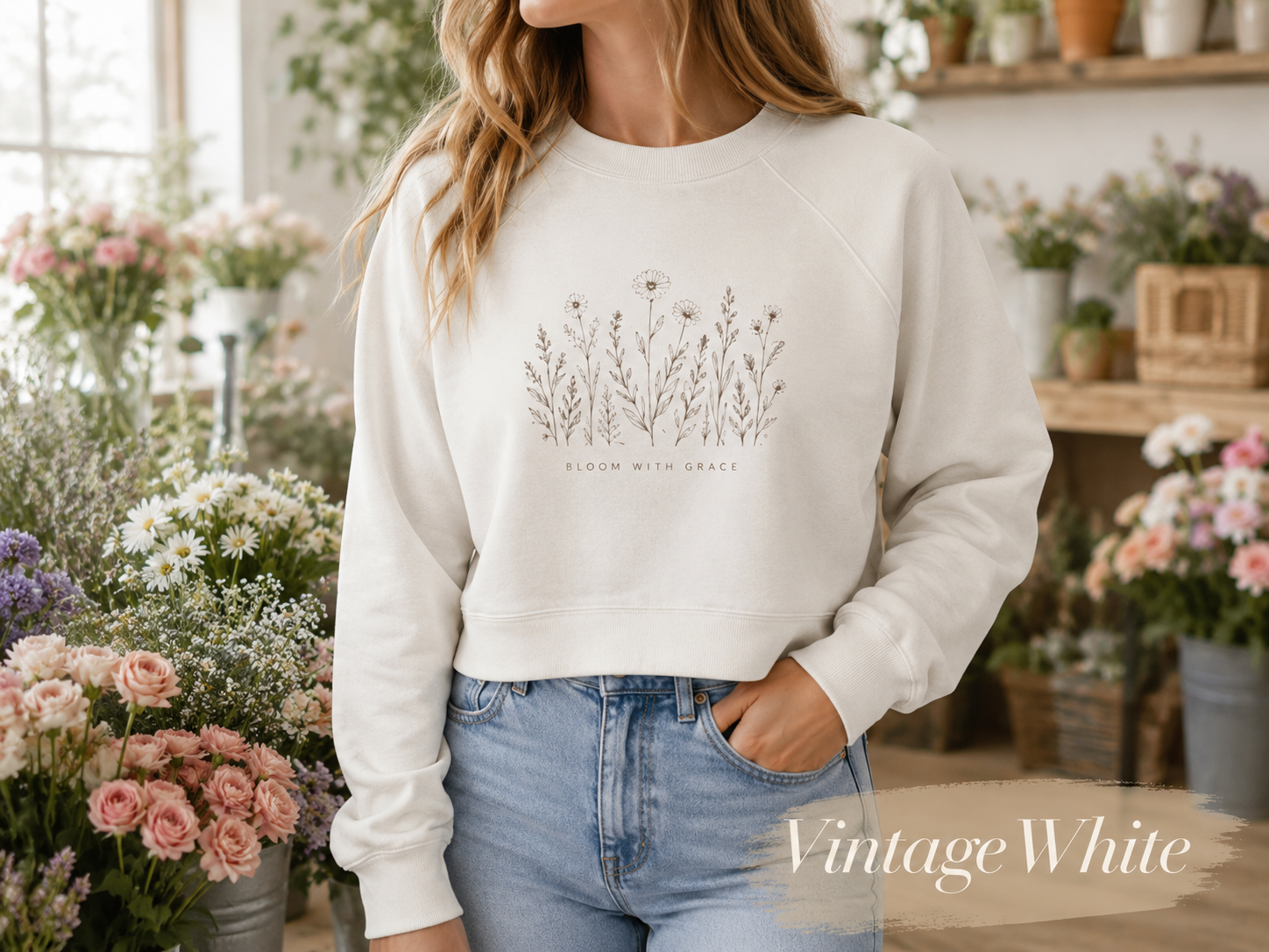 Bloom with Grace — Women's Cropped Fleece Pullover