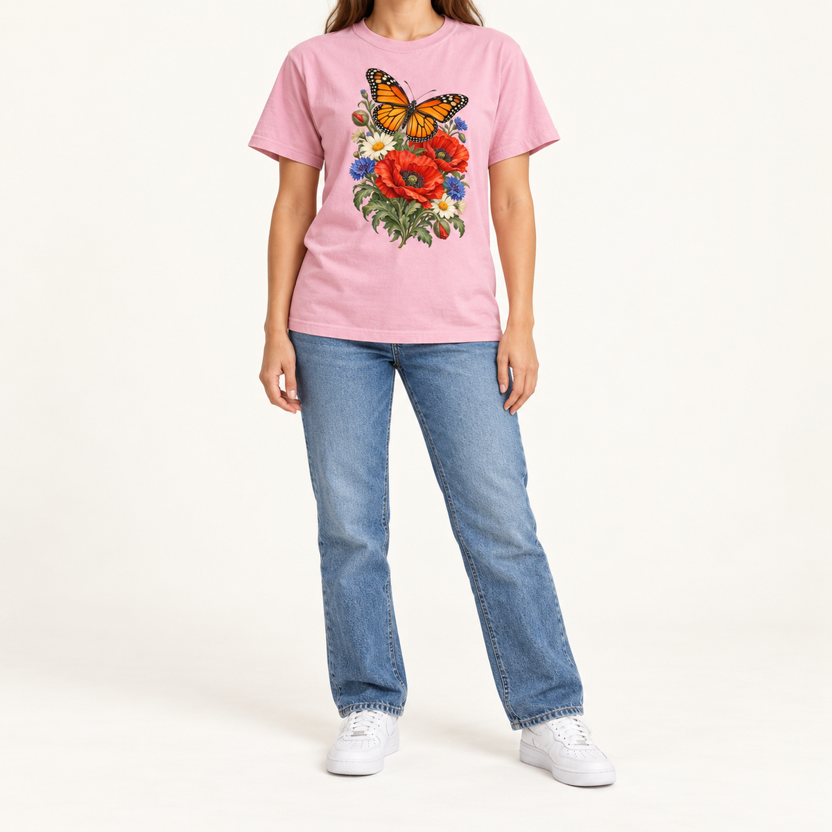 Blossom Red Poppies and Butterfly T-Shirt — fine linework and softly shaded petals on a garment-dyed Comfort Colors 1717 tee
