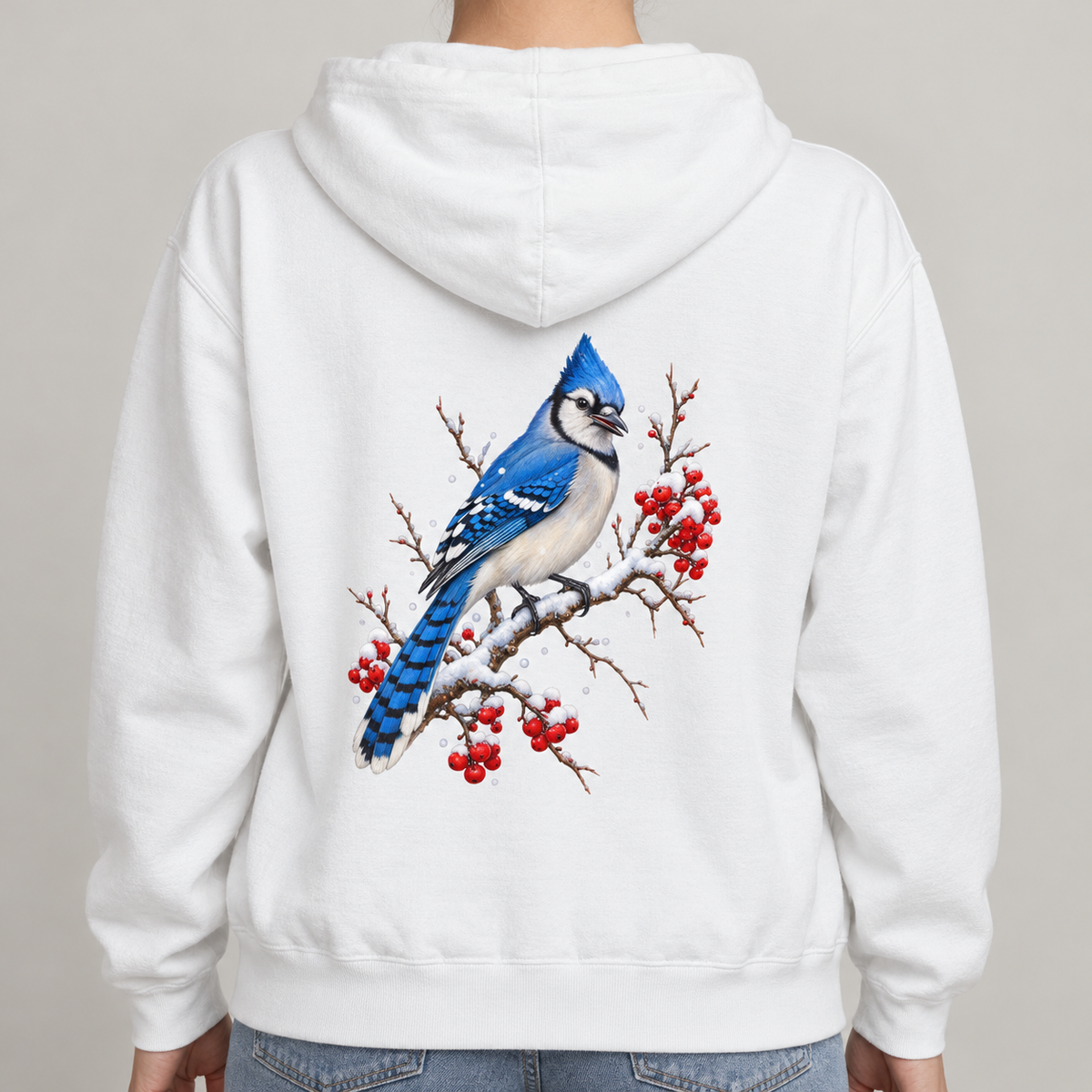 Blue Jay Winterberry hoodie in White, worn, back view: blue jay on a snow-capped winterberry branch with red berries