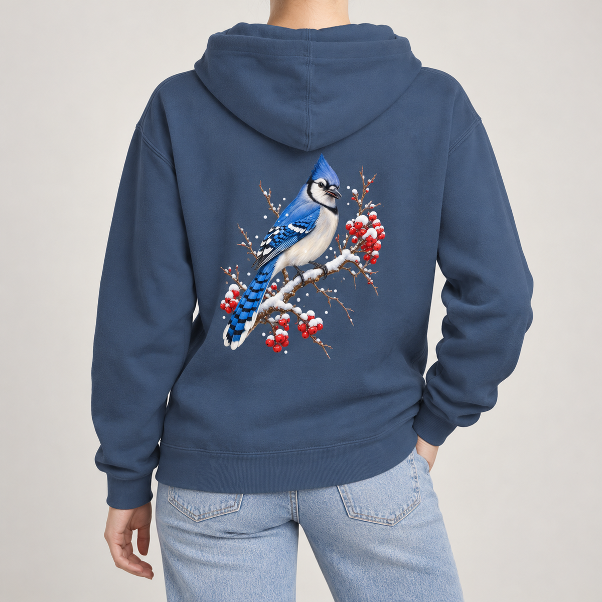 Blue Jay Winterberry hoodie, back print of a blue jay on a snowy winterberry branch