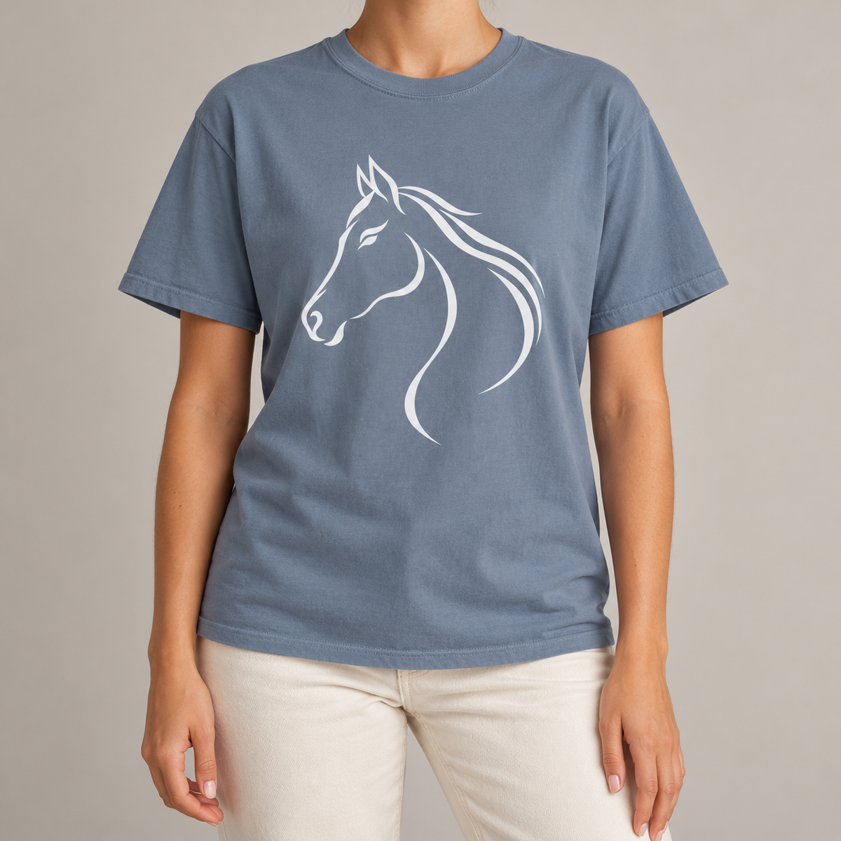 Flowing White Horse Profile T-Shirt in Blue Jean, front view - horse line art graphic tee by The Known Pack