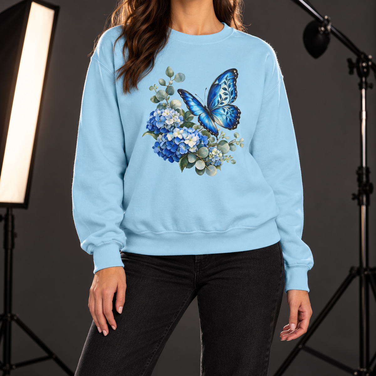 Blue Morpho & Hydrangea Sweatshirt — Garment-Dyed Fleece