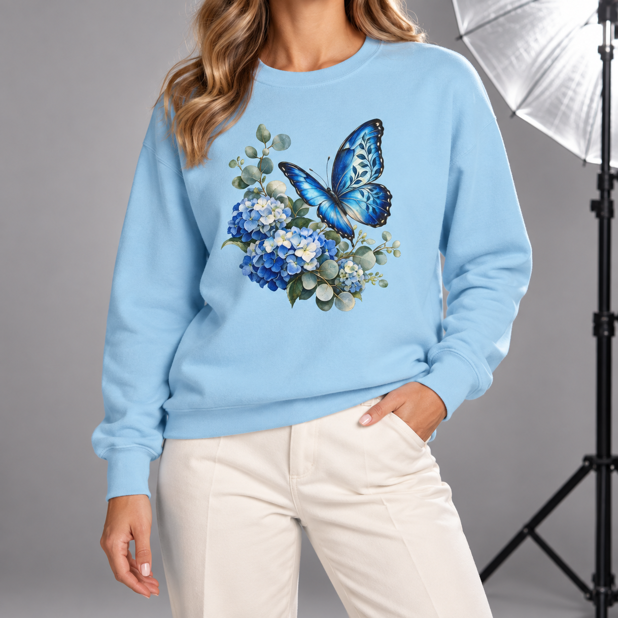 Blue Morpho & Hydrangea Sweatshirt — Garment-Dyed Fleece