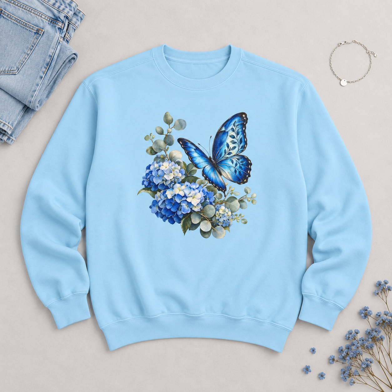 Blue Morpho & Hydrangea Sweatshirt — Garment-Dyed Fleece
