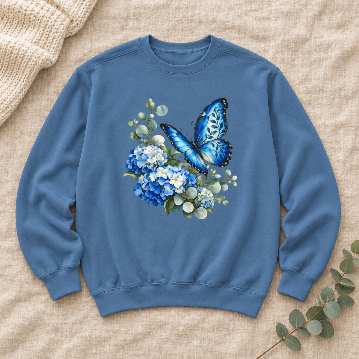 Blue Morpho & Hydrangea Sweatshirt — Garment-Dyed Fleece