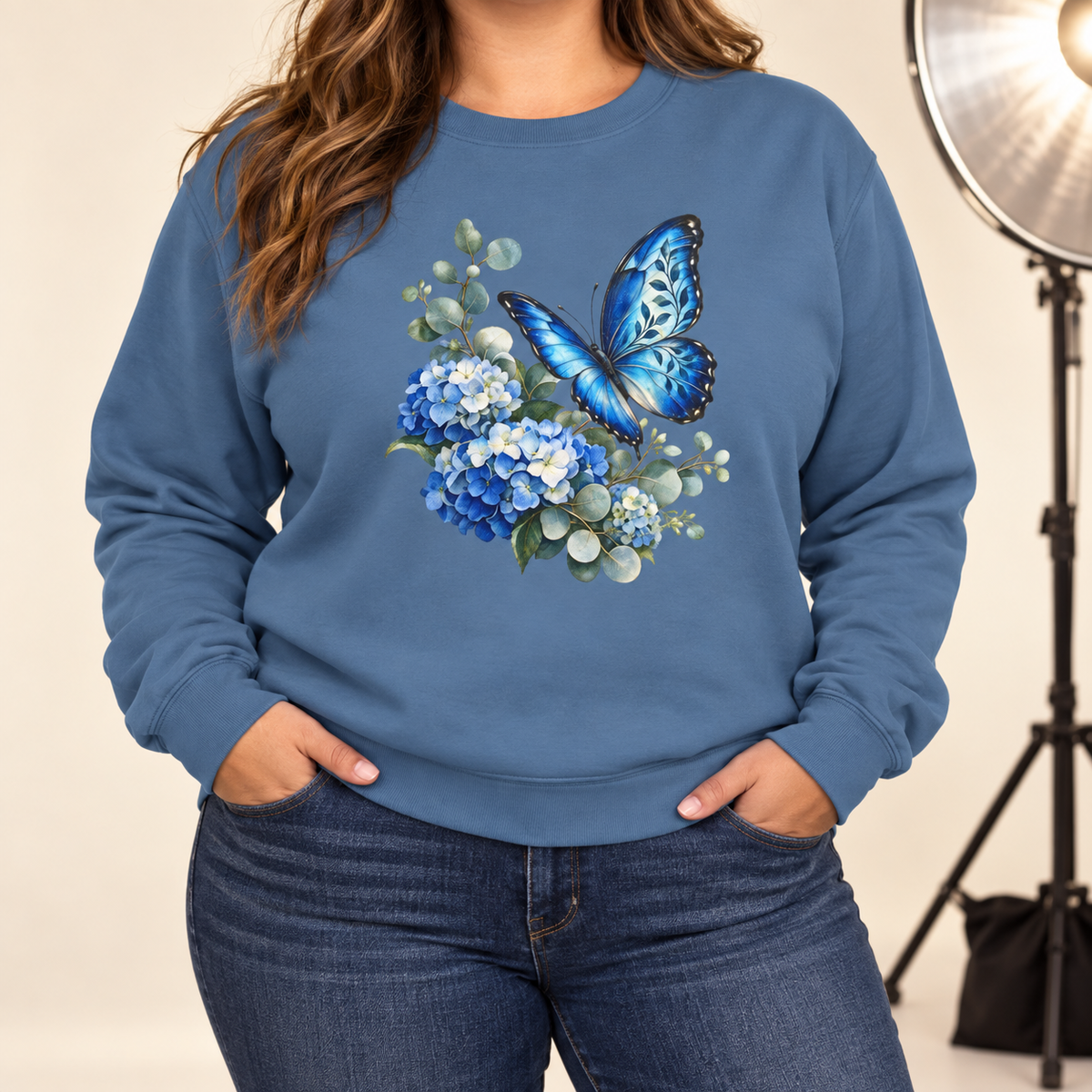 Blue Morpho & Hydrangea Sweatshirt — Garment-Dyed Fleece