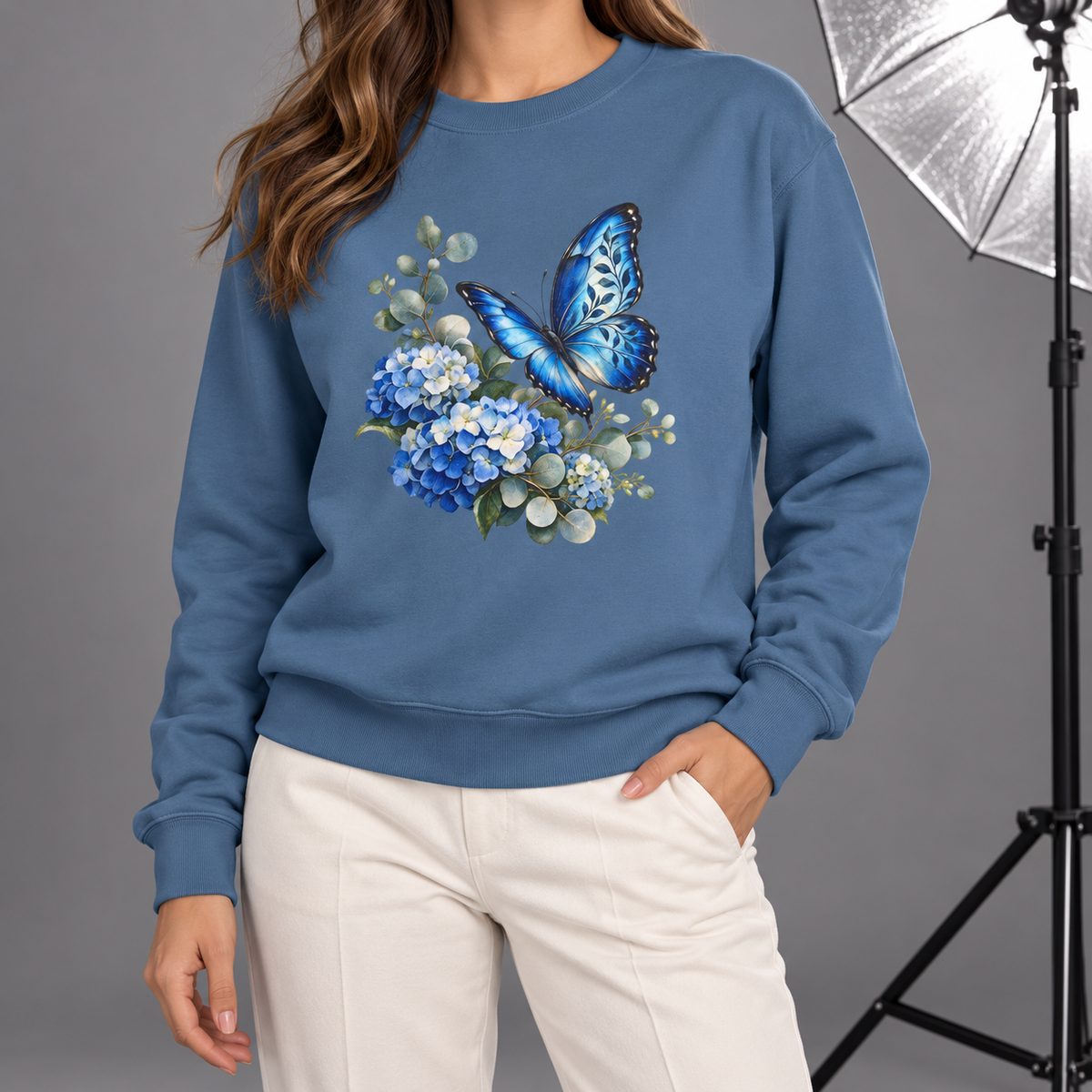 Blue Morpho & Hydrangea Sweatshirt — Garment-Dyed Fleece