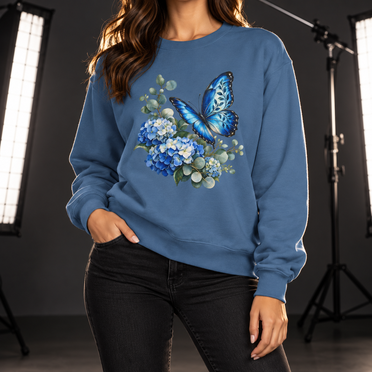 Blue Morpho & Hydrangea Sweatshirt — Garment-Dyed Fleece