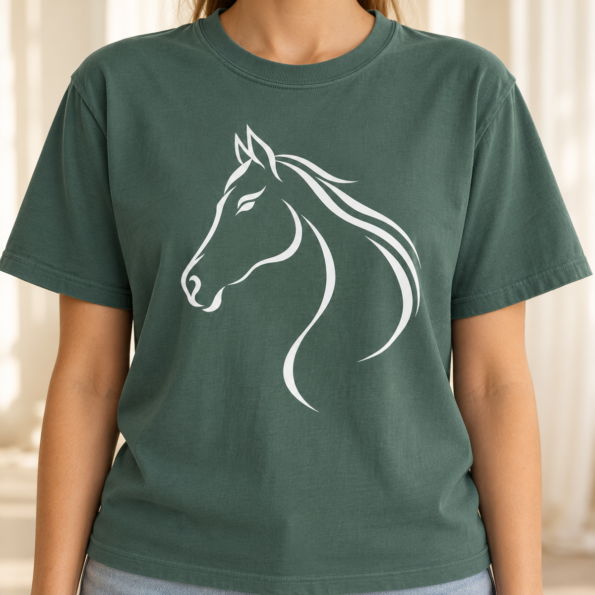Flowing White Horse Profile T-Shirt in Blue Spruce - white line-art horse head with a streaming mane, printed on a garment-dyed Comfort Colors tee