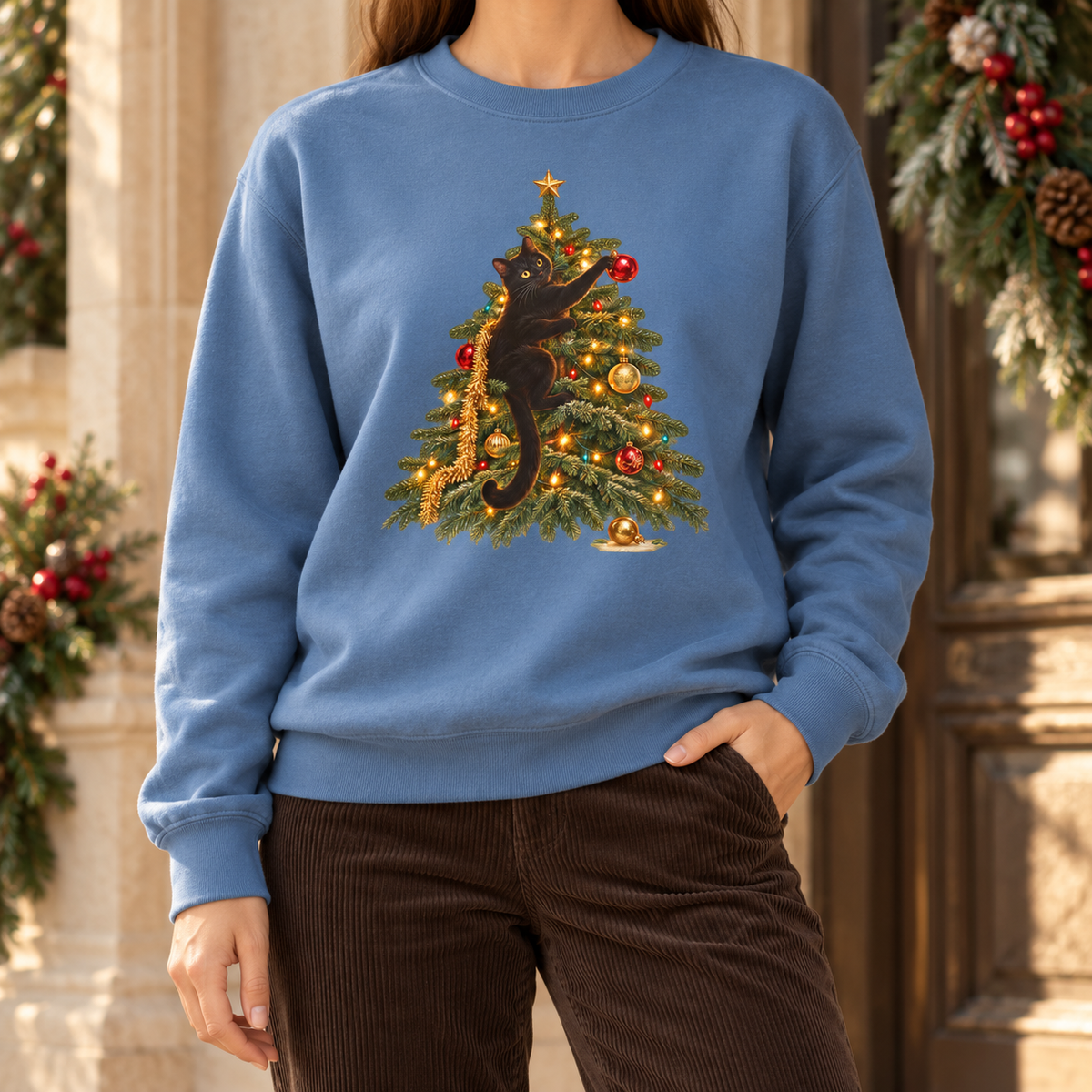 Black cat Christmas sweatshirt in Blue Jean, styled with evergreen garland – a black cat climbing a lit Christmas tree printed on a Comfort Colors crewneck