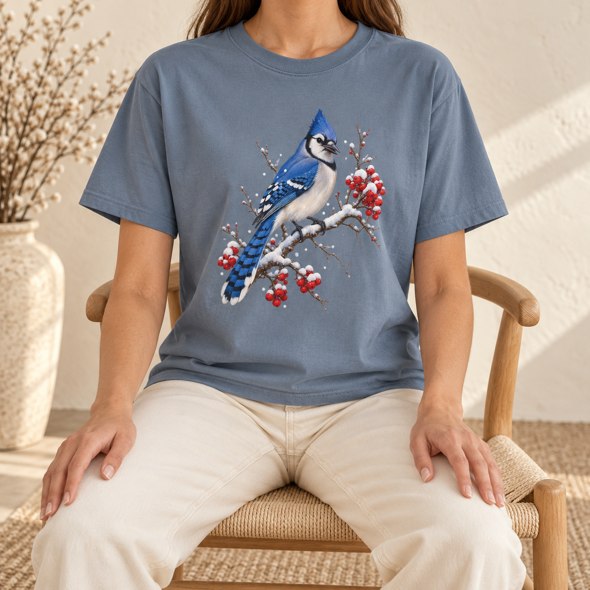 Blue jay winterberry t-shirt in winter light – watercolor blue jay on a snow-covered winterberry branch, Comfort Colors crew neck tee