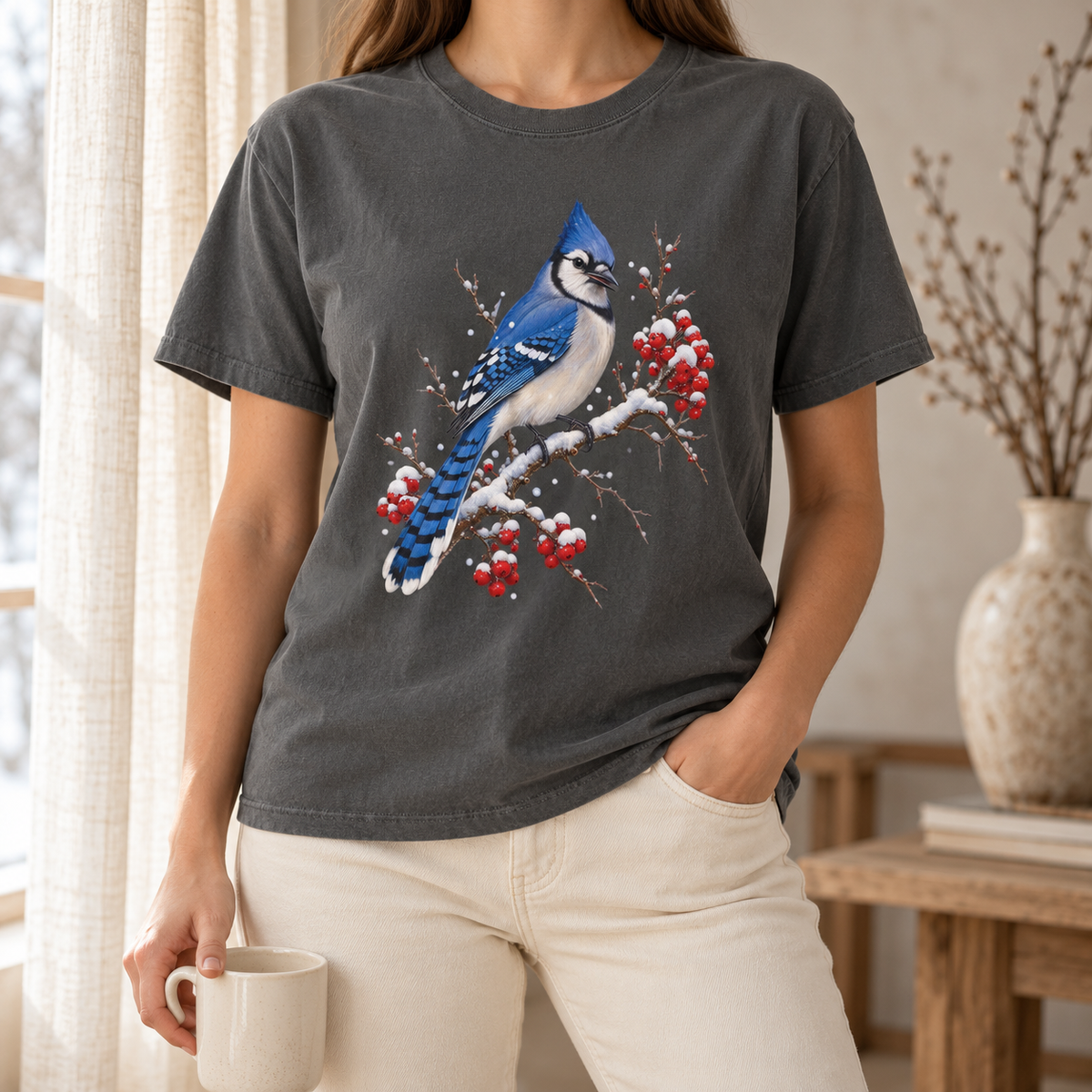 Editorial photo of the blue jay winterberry t-shirt – watercolor blue jay bird on a snowy berry branch, front-centered print on a Comfort Colors tee