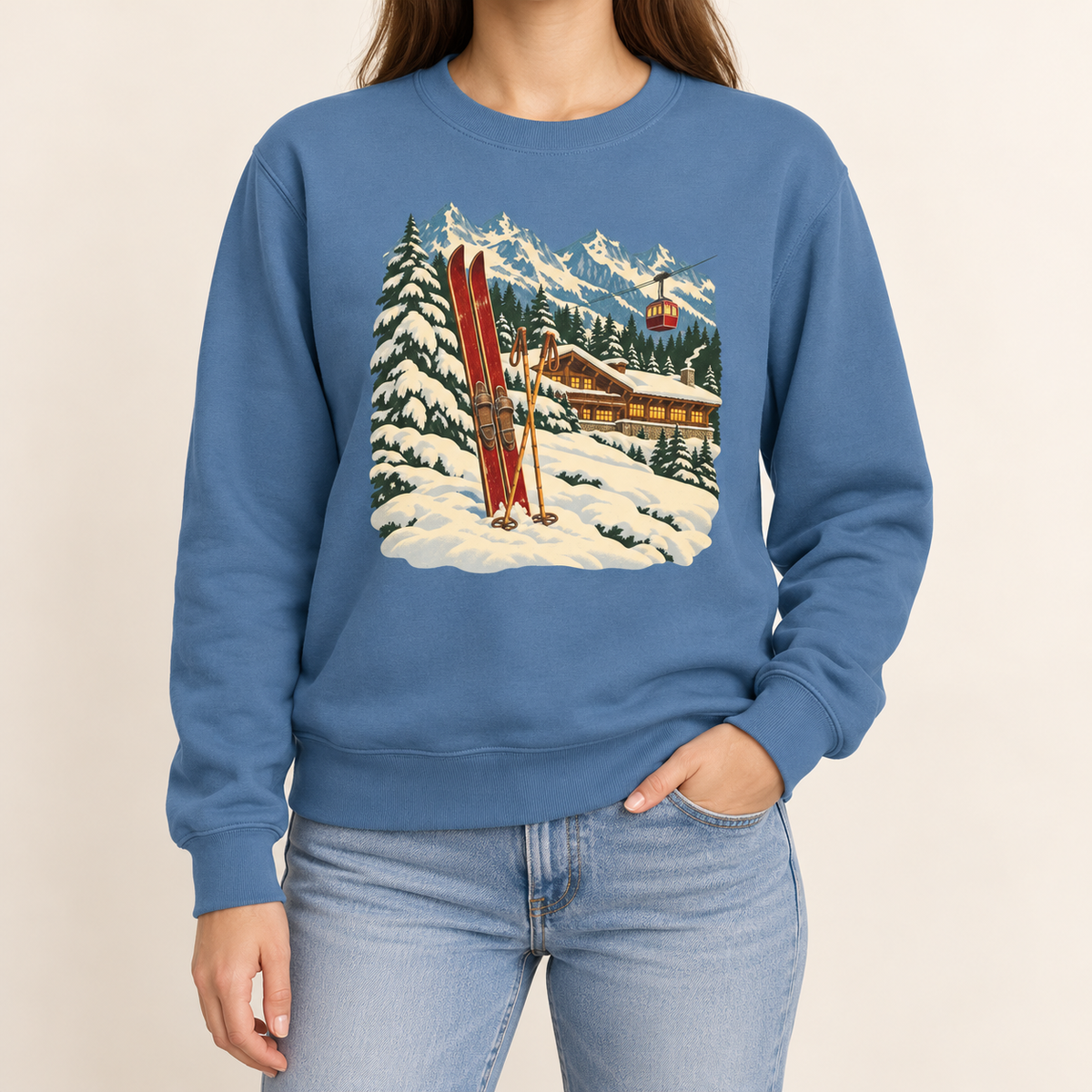Apres ski sweatshirt in Blue Jean – vintage red wooden skis and poles in the snow, a lit timber ski lodge, a red gondola and snowy peaks, printed large on the chest of a Comfort Colors crewneck