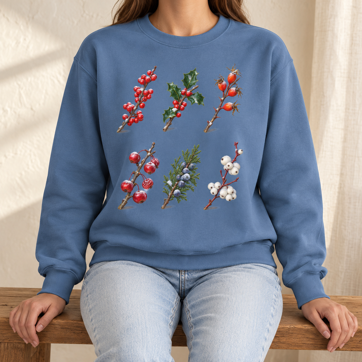 Winter Berries Study Sweatshirt in Blue Jean - six watercolor berry sprigs with frost laid out like a botanical plate, printed on a garment-dyed Comfort Colors 1566 crewneck