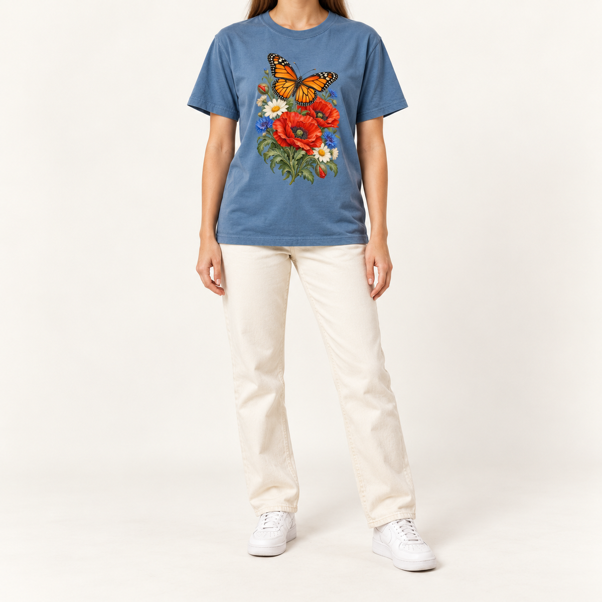 Blue Jean Red Poppies and Butterfly T-Shirt — the orange-and-black butterfly and red poppies on washed denim garment-dyed cotton