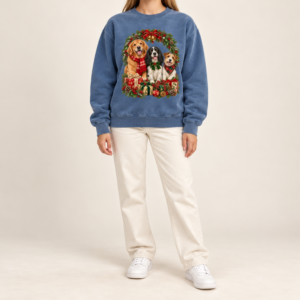 The three-dog Christmas wreath print shown on the Blue Jean garment-dyed Comfort Colors 1566 crewneck sweatshirt