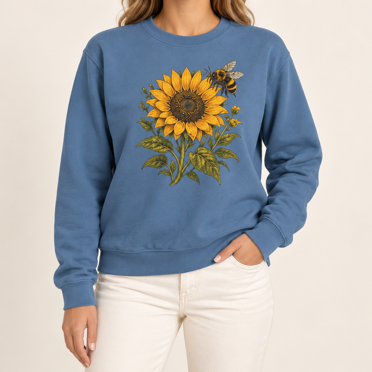 Sunflower and bumblebee sweatshirt in Blue Jean: a golden sunflower with a hovering bumblebee and olive leaves, on a light washed denim garment-dyed Comfort Colors crewneck