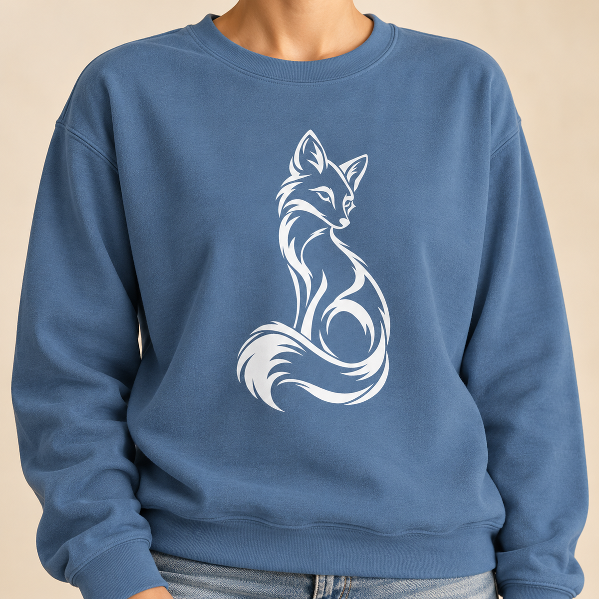Elegant Seated Fox Linework Sweatshirt in Blue Jean, front view - seated fox line art on a garment-dyed crewneck sweatshirt