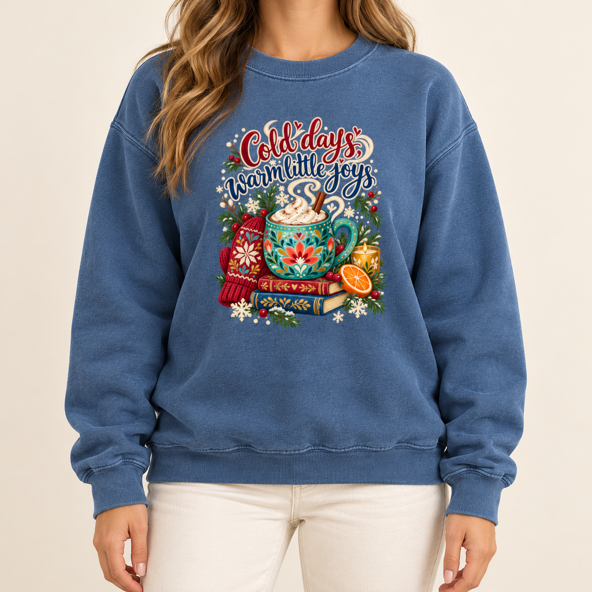 The cocoa and books winter sweatshirt in Blue Jean worn, showing the large front-centered chest print