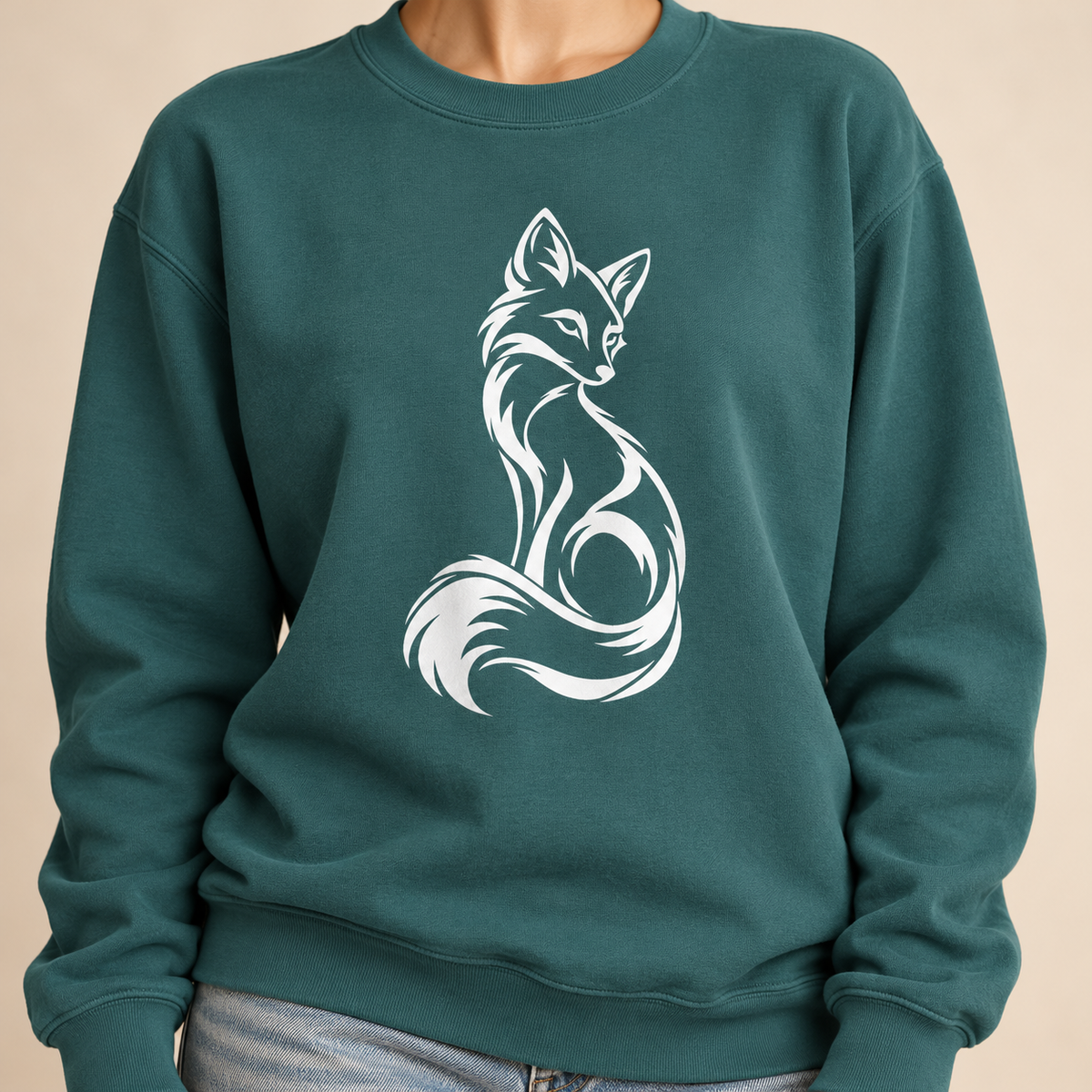 Elegant Seated Fox Linework Sweatshirt in Blue Spruce, front view - seated fox line art on a forest green crewneck sweatshirt
