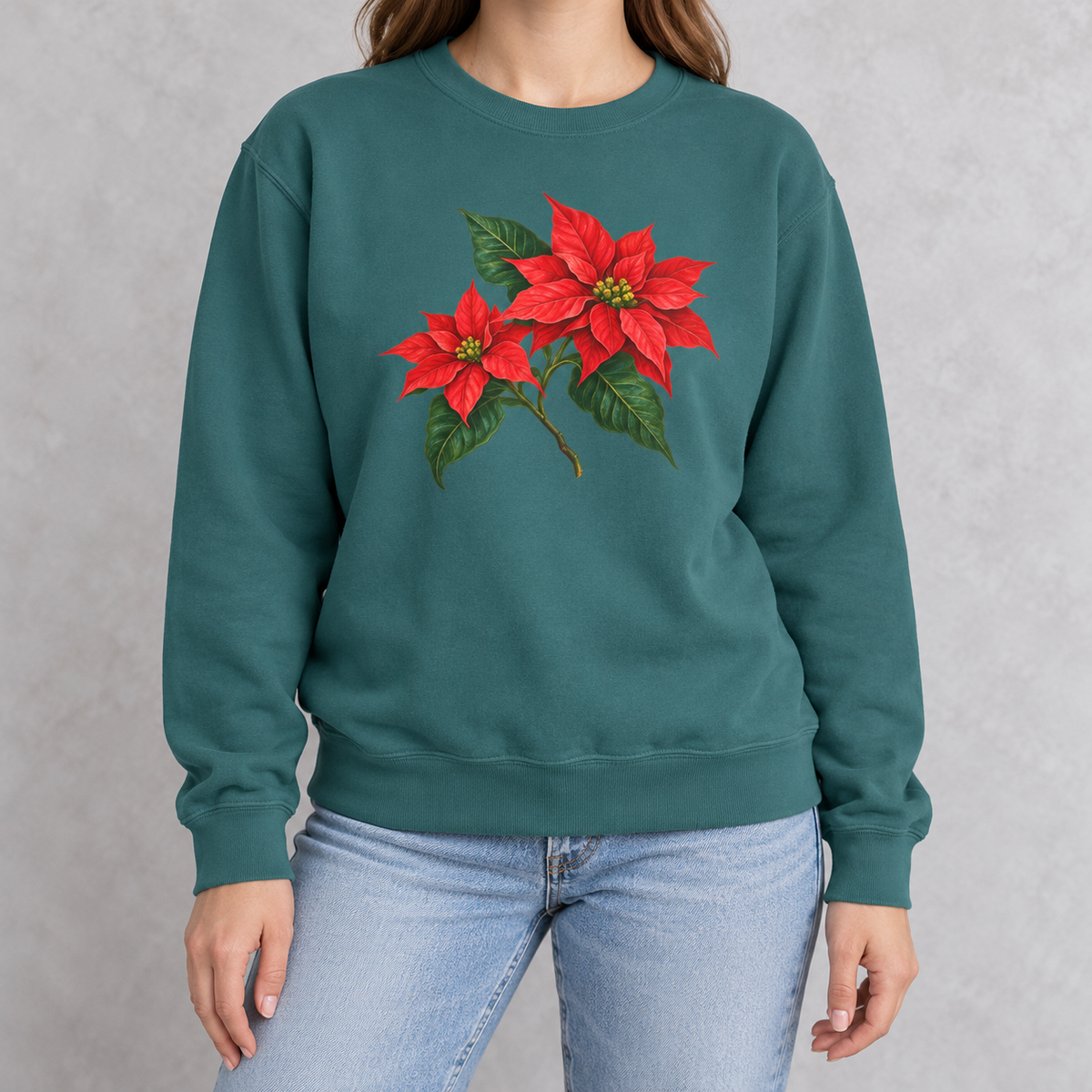 Poinsettia sweatshirt in Blue Spruce worn, hand-painted red poinsettia sprig across the chest
