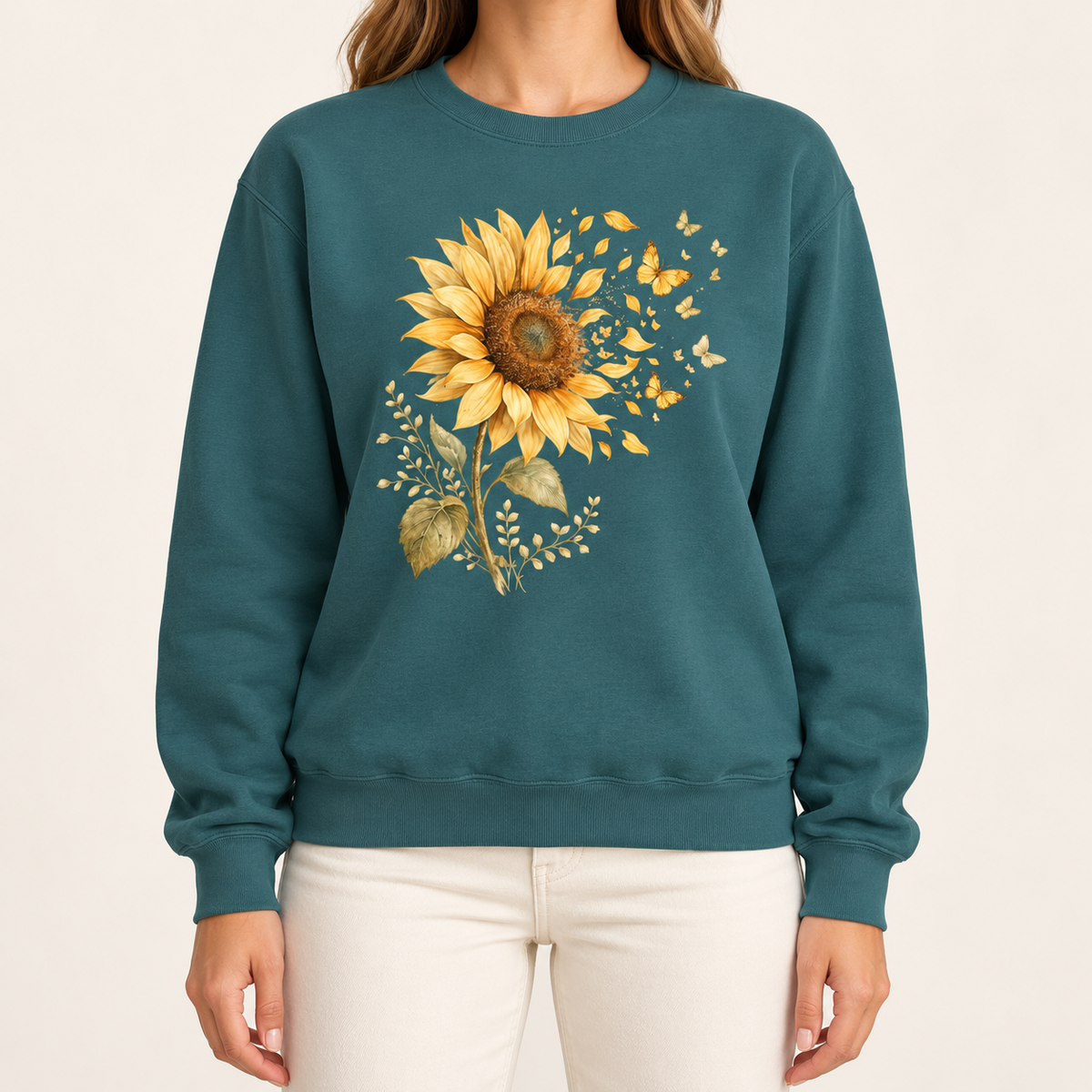 Sunflower butterfly sweatshirt in Blue Spruce – a golden watercolor sunflower letting go of its petals as small gold butterflies, printed large on the chest of a Comfort Colors crewneck