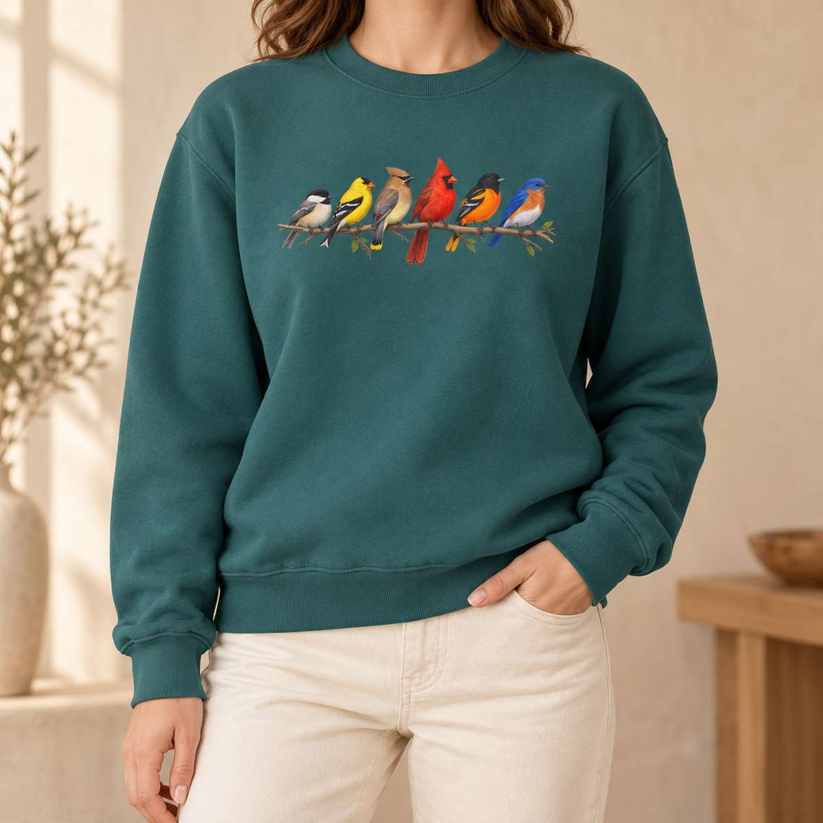 Colorful Birds on Branches sweatshirt in Blue Spruce — six painted songbirds on one branch: chickadee, goldfinch, cedar waxwing, northern cardinal, Baltimore oriole and eastern bluebird, on a garment-dyed Comfort Colors crewneck