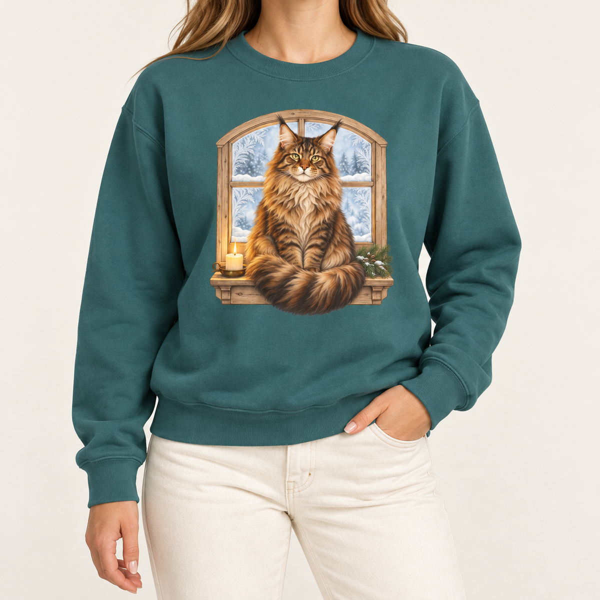 Maine Coon at the window sweatshirt in Blue Spruce – a tabby Maine Coon on a frosted windowsill with a candle and pine, snowy forest through an arched window, printed large on the chest of a Comfort Colors crewneck