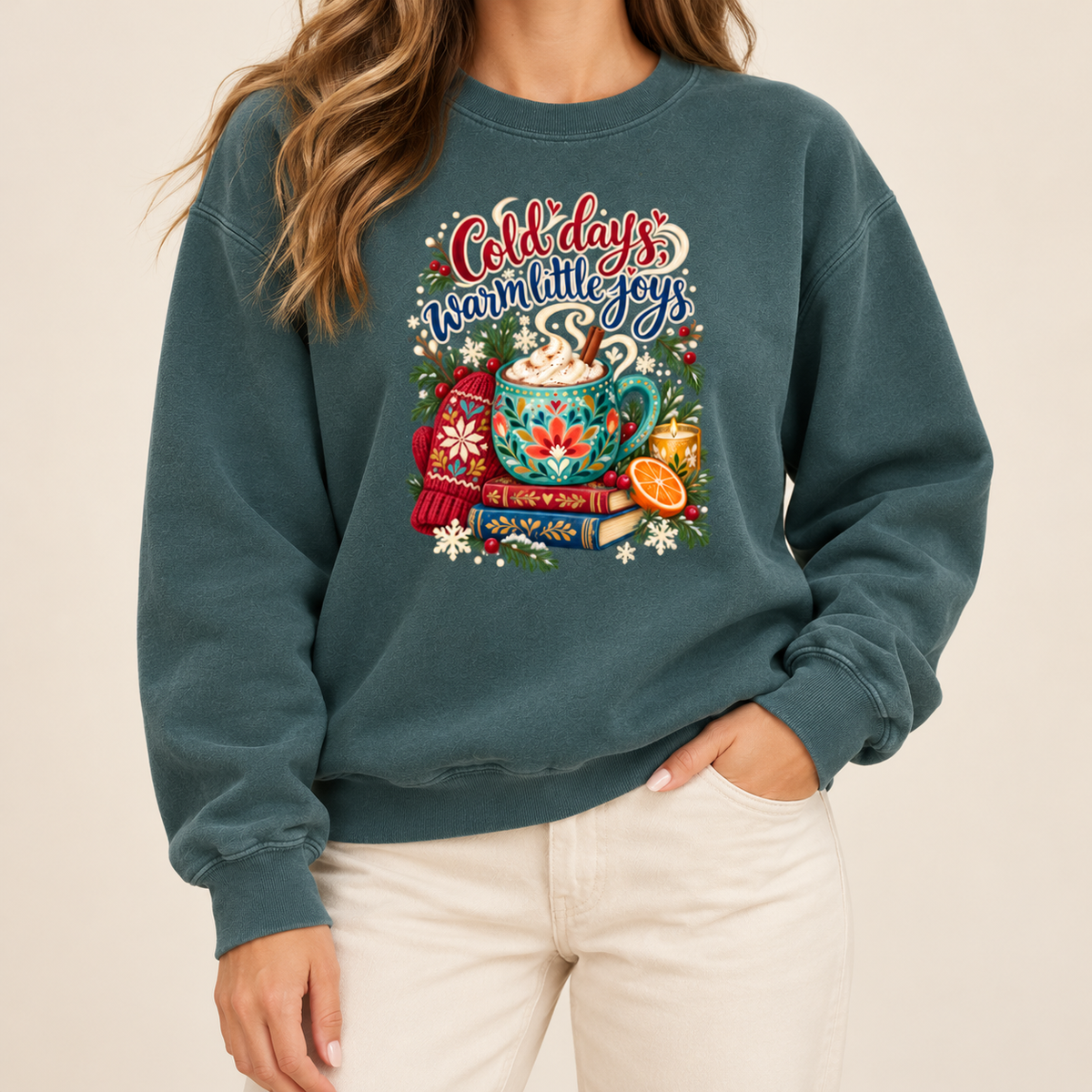 The cocoa and books winter sweatshirt in Blue Spruce worn, showing the relaxed unisex fit of the Comfort Colors 1566 crewneck