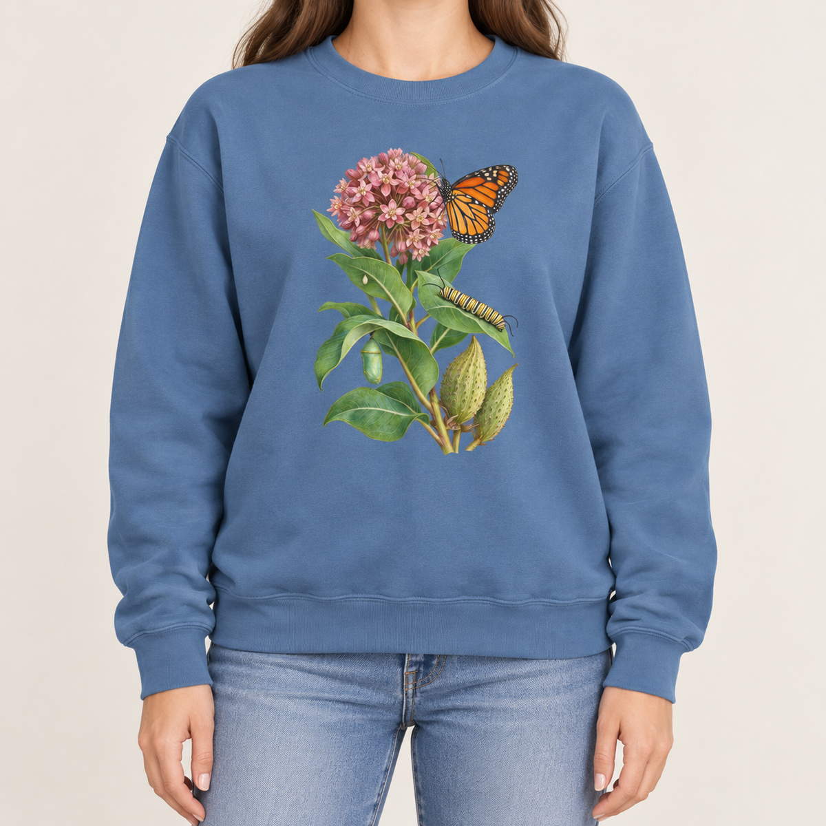 Milkweed and monarch life cycle sweatshirt in Blue Jean, botanical monarch butterfly print on a garment-dyed Comfort Colors crewneck