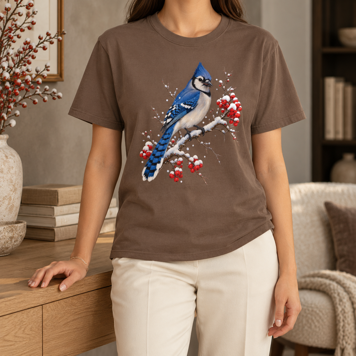 Blue jay winterberry t-shirt in Espresso – blue jay bird and snow-capped red berries printed on a warm brown garment-dyed cotton tee