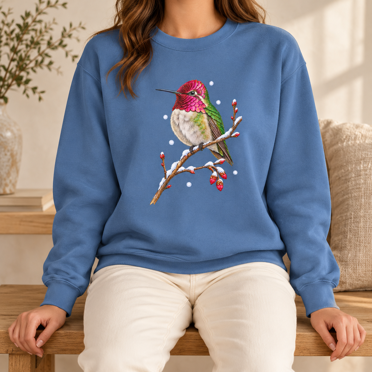 Winter Hummingbird Sweatshirt in Blue Jean - a watercolor Anna's hummingbird with a magenta head perched on a snowy twig, printed on a garment-dyed Comfort Colors 1566 crewneck
