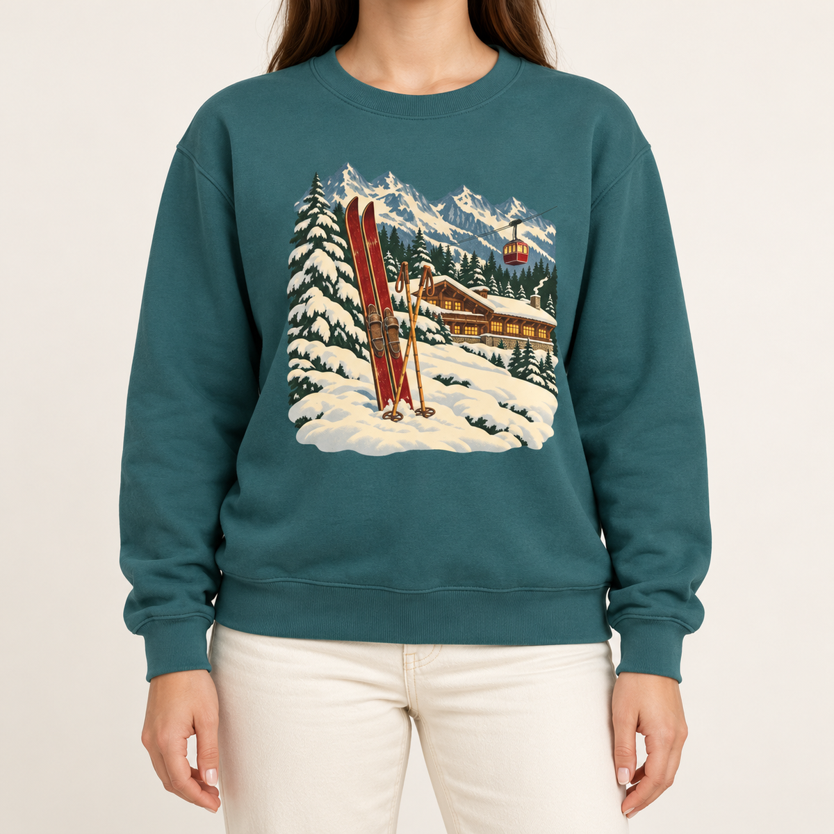 Apres ski sweatshirt in Blue Spruce – vintage red wooden skis and poles in the snow, a lit timber ski lodge, a red gondola and snowy peaks, printed large on the chest of a Comfort Colors crewneck