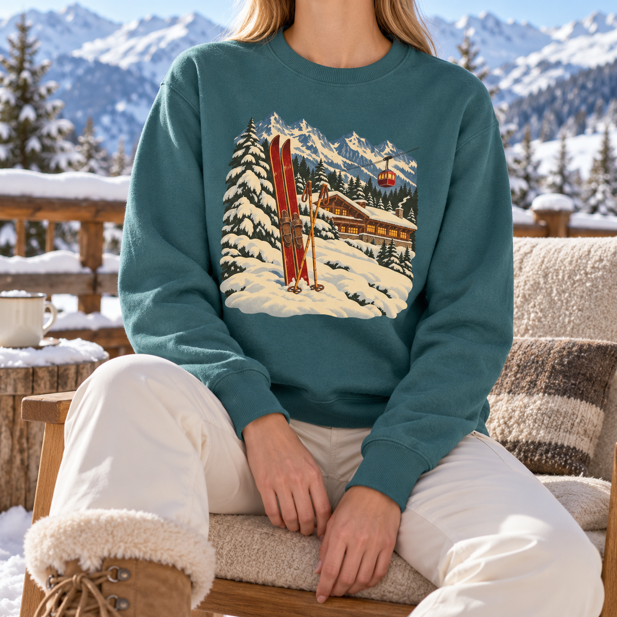 Apres ski sweatshirt in Blue Spruce – vintage red wooden skis and poles in the snow, a lit timber ski lodge, a red gondola and snowy peaks, printed large on the chest of a Comfort Colors crewneck – worn on a snowy lodge deck