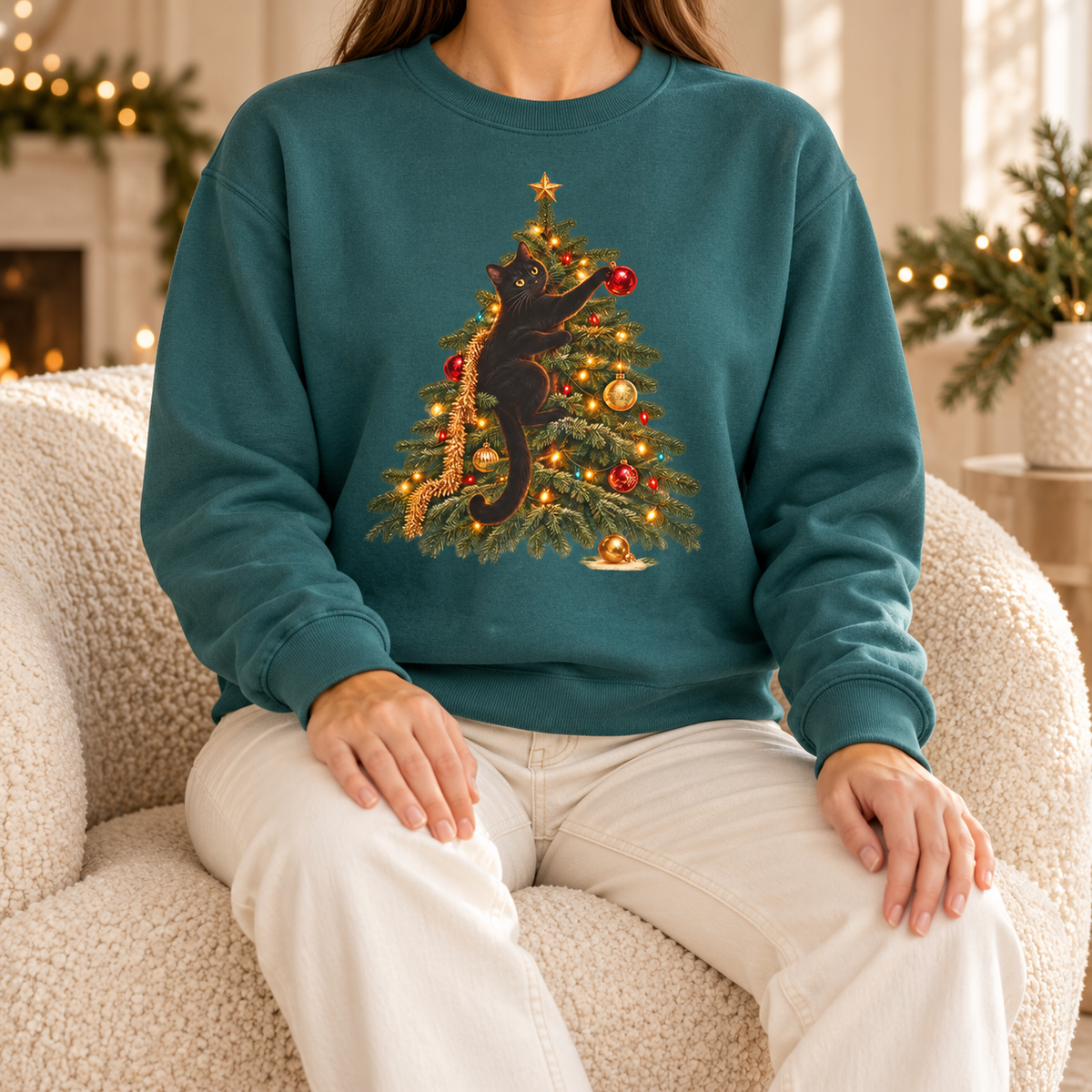 Black cat Christmas sweatshirt in Blue Spruce worn by a woman seated beside a decorated Christmas tree – cat climbing the tree print on a deep green crewneck