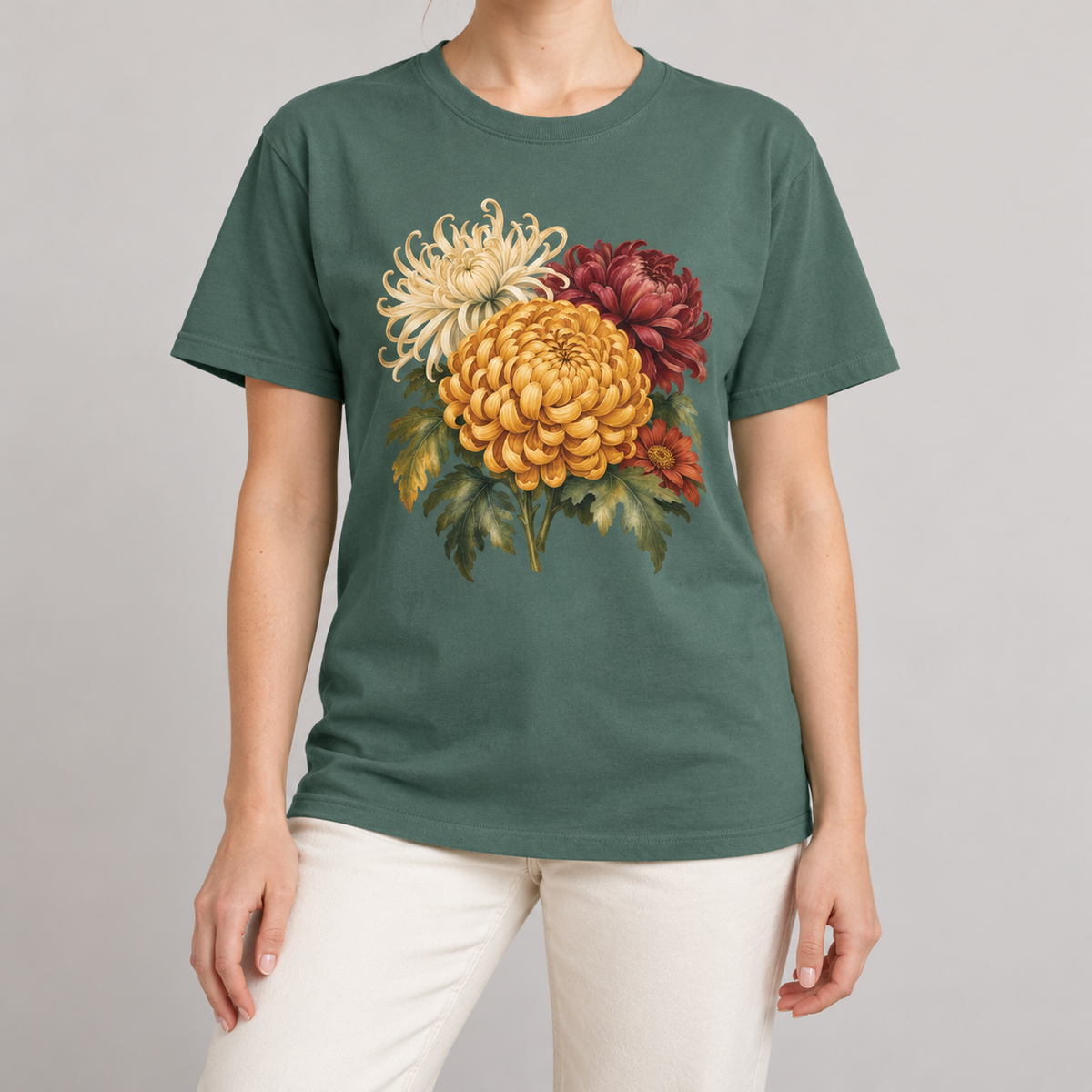 Chrysanthemum T-shirt in Blue Spruce, autumn chrysanthemum bouquet