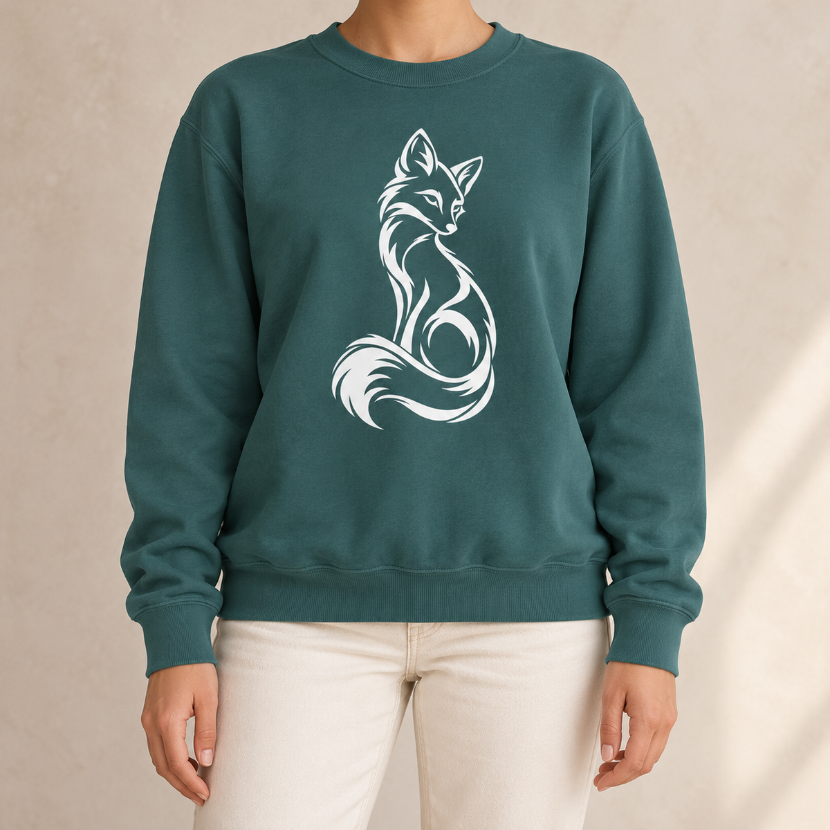 Elegant Seated Fox Linework Sweatshirt in Blue Spruce - white line-art fox on a deep green garment-dyed Comfort Colors crewneck