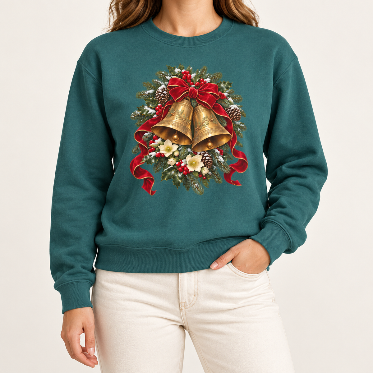 Vintage Christmas bells sweatshirt in Blue Spruce – two golden bells with a red velvet bow among snowy pine, holly, pinecones and hellebores, printed large on the chest of a Comfort Colors crewneck