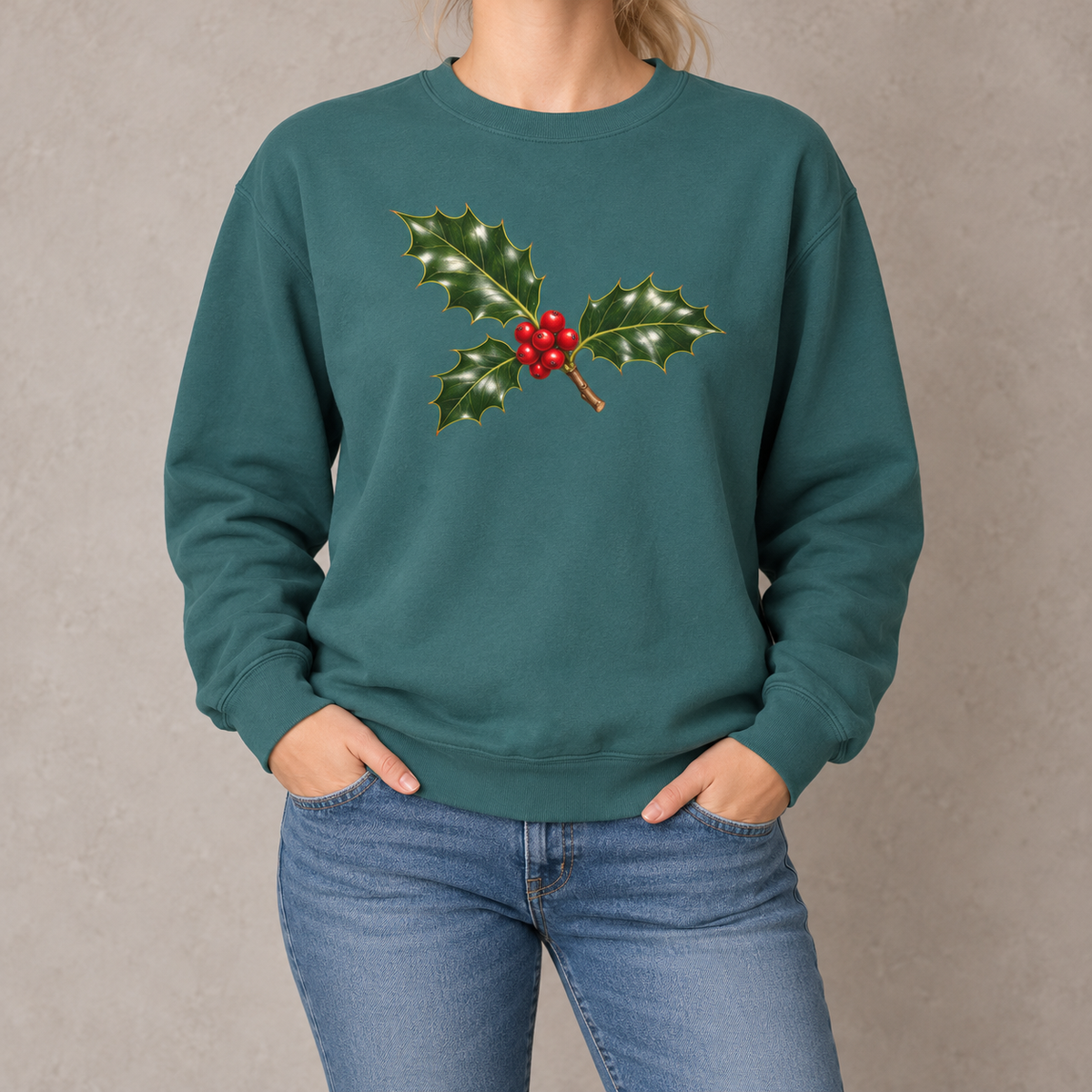 Holly sweatshirt in Blue Spruce worn, holly sprig with red berries