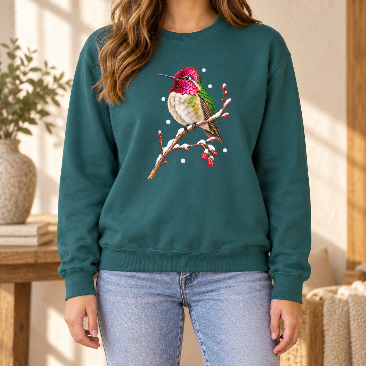 Winter Hummingbird Sweatshirt in Blue Spruce - a watercolor Anna's hummingbird with a magenta head perched on a snowy twig, printed on a garment-dyed Comfort Colors 1566 crewneck