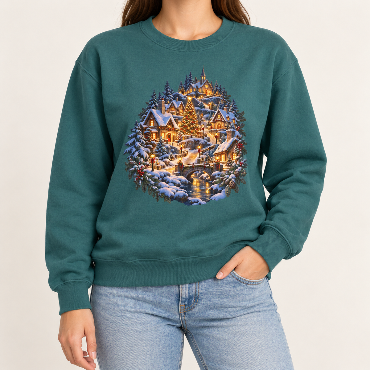 Small town Christmas sweatshirt in Blue Spruce: a snowy hillside village with a lit church, Christmas tree and stone bridge, on a deep forest green garment-dyed Comfort Colors crewneck