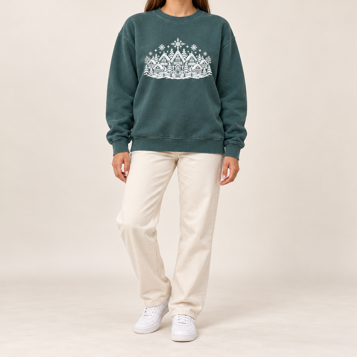 The winter village line art on the Blue Spruce garment-dyed Comfort Colors 1566 crewneck sweatshirt