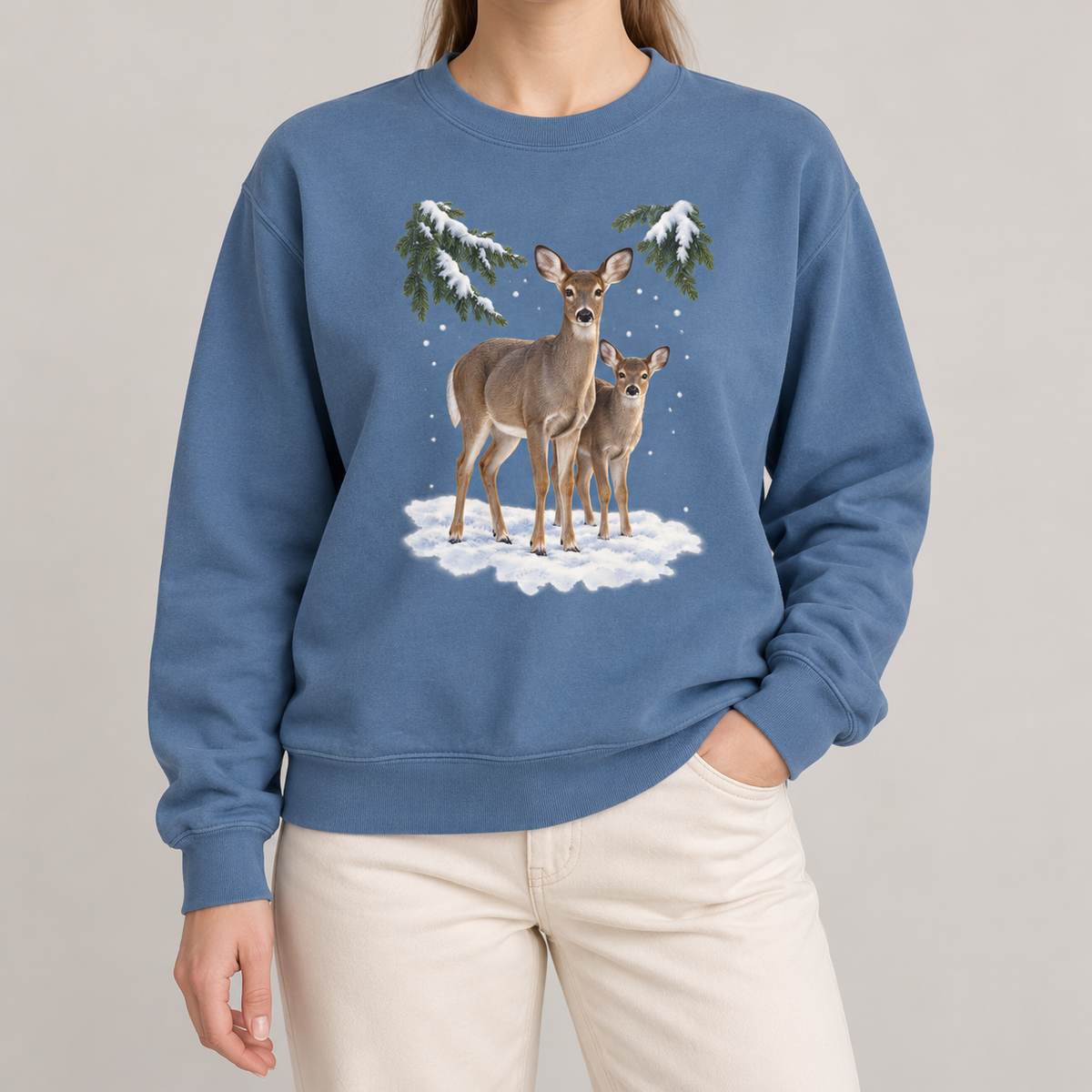 Winter Deer sweatshirt in Blue Jean, worn, doe and fawn in the snow print