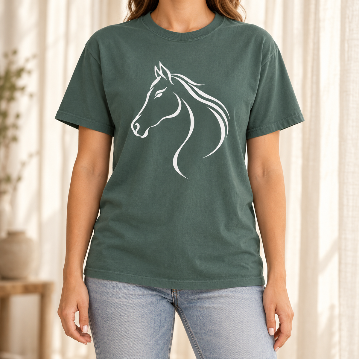 Flowing White Horse Profile T-Shirt in Blue Spruce, front view - horse line art graphic tee by The Known Pack