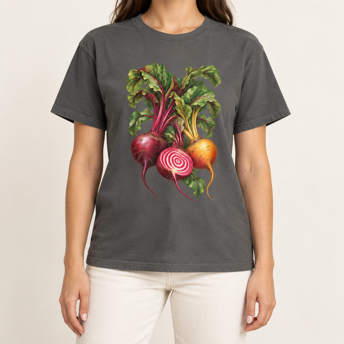 Heirloom beet T-shirt – a red beet, a golden beet and a candy-striped Chioggia beet with leafy tops, printed large on the chest of a Comfort Colors tee