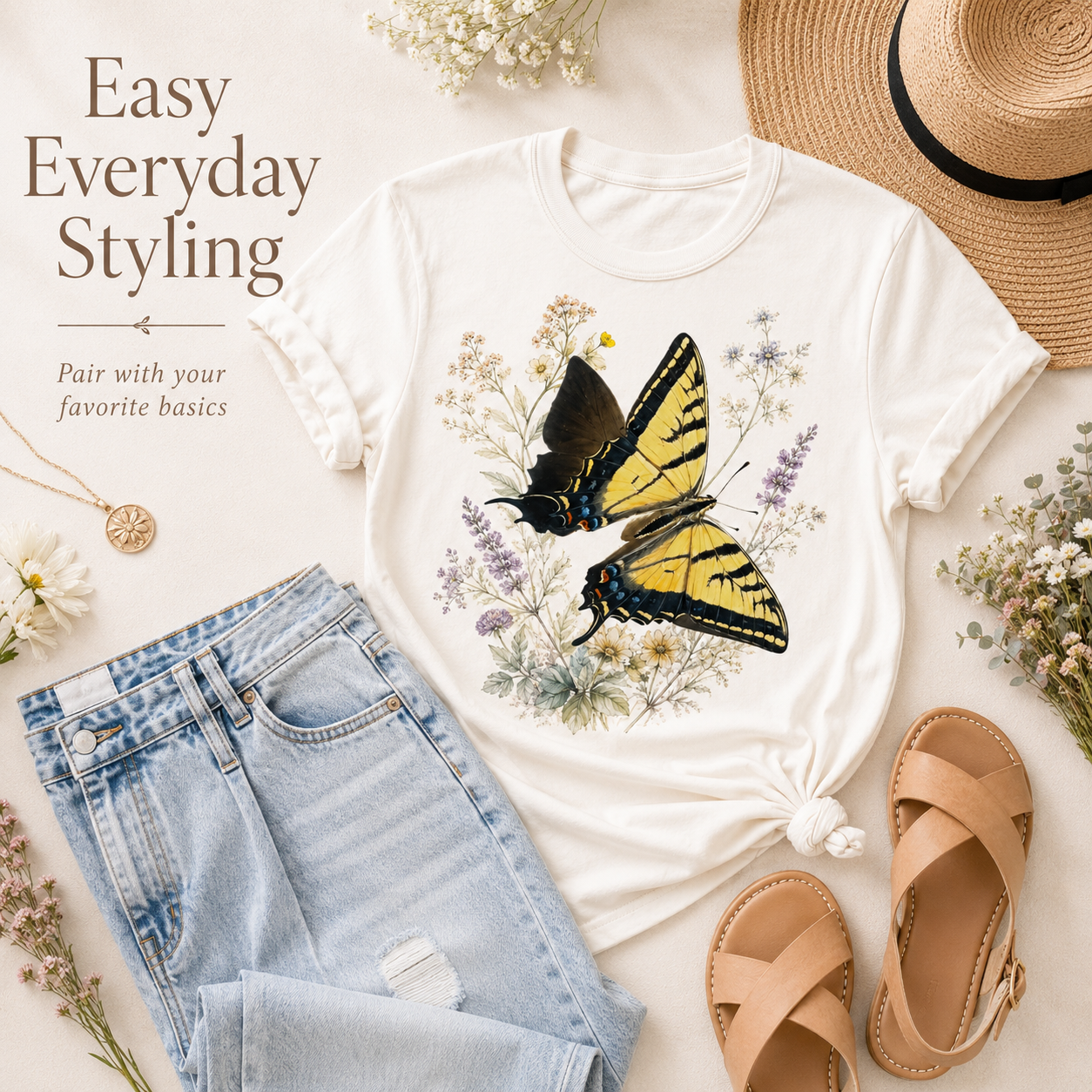 Swallowtail Butterfly botanical wildflower tee front view