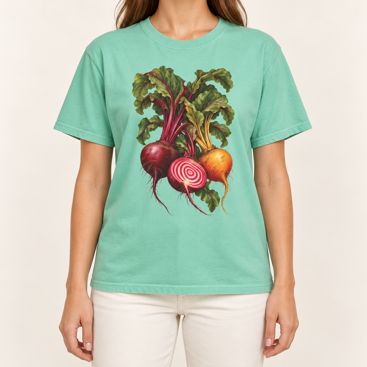 Heirloom beet T-shirt – a red beet, a golden beet and a candy-striped Chioggia beet with leafy tops, printed large on the chest of a Comfort Colors tee