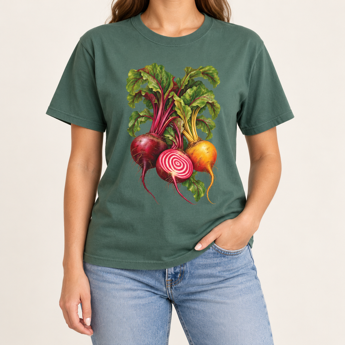 Heirloom beet T-shirt – a red beet, a golden beet and a candy-striped Chioggia beet with leafy tops, printed large on the chest of a Comfort Colors tee